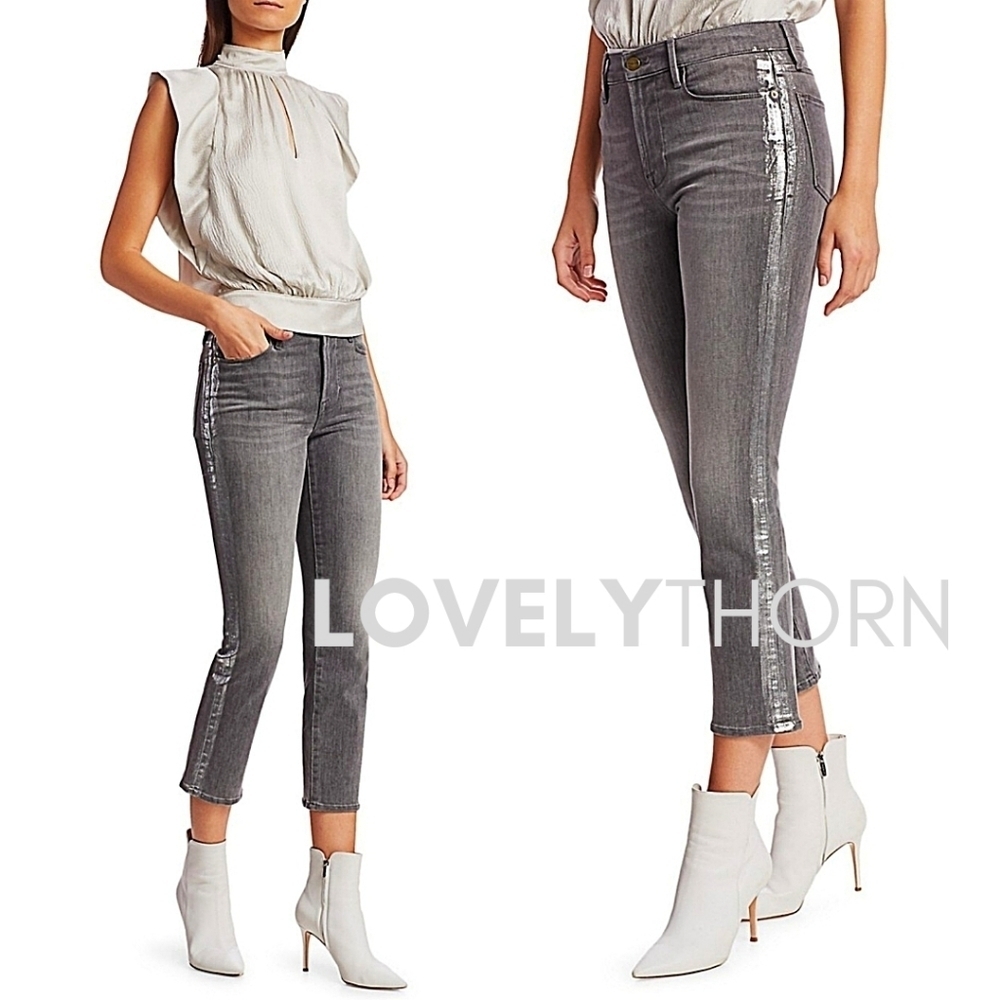 FRAME // le high straight leg foil tuxedo stripe crop grey jeans - Picture 7 of 16